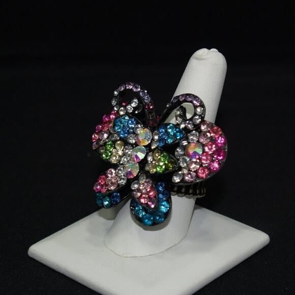 Butterfly Rhinestone Multicolored Stretch Ring, Fits 6 - 9 Stretch - Picture 2 of 8